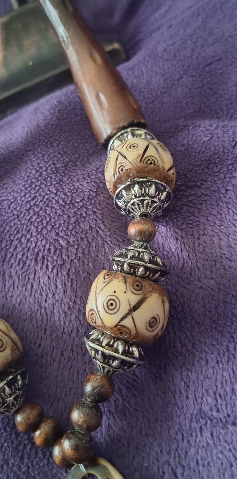 Vintage Tribal Artisan Batik Bovine Bone & Carved Horn Statement Necklace