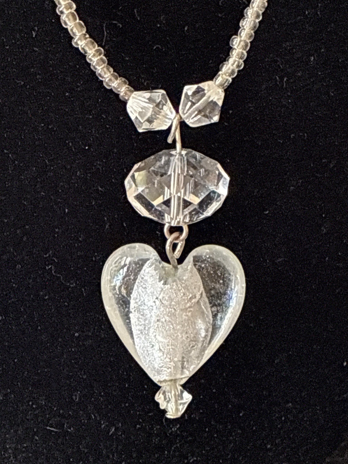 Clear Crystal Beaded Ball Chain Necklace Silver Tone Heart Charm Love Theme