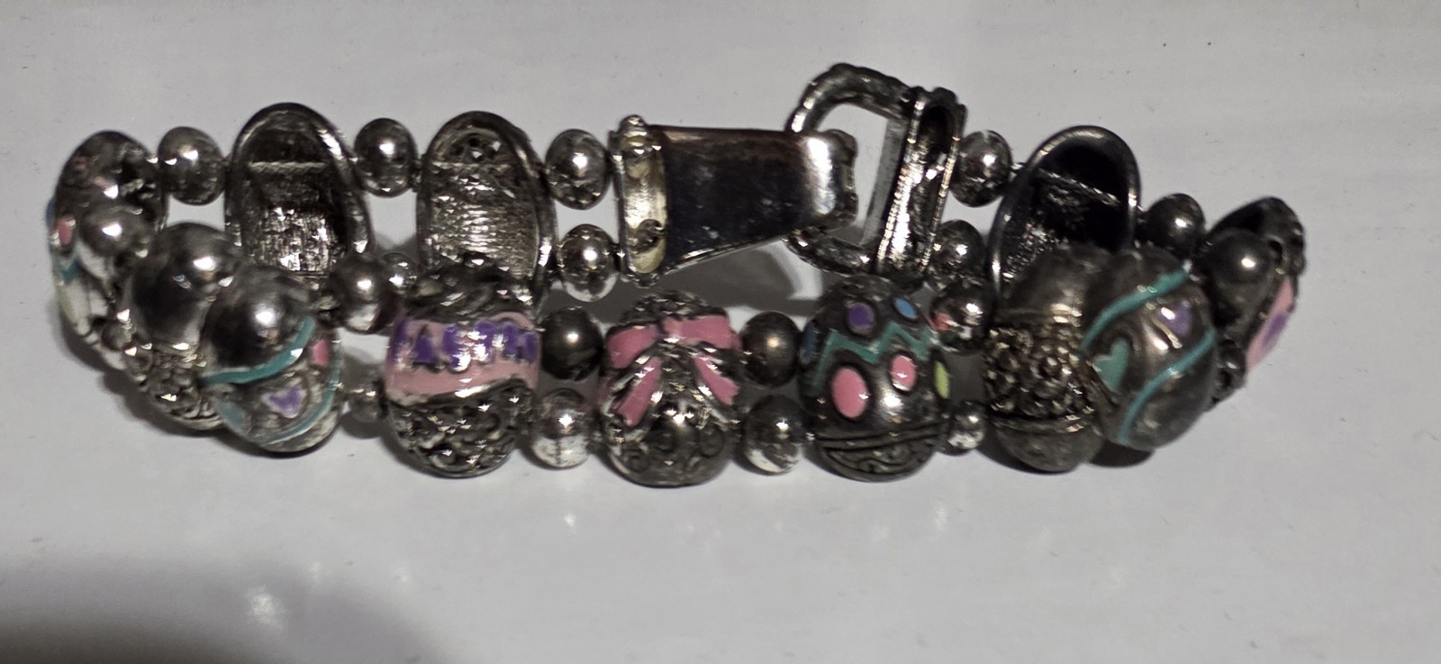 7″ Vintage Easter Egg Bracelet Enameled Silver Tone Clasp With Magnet Unique