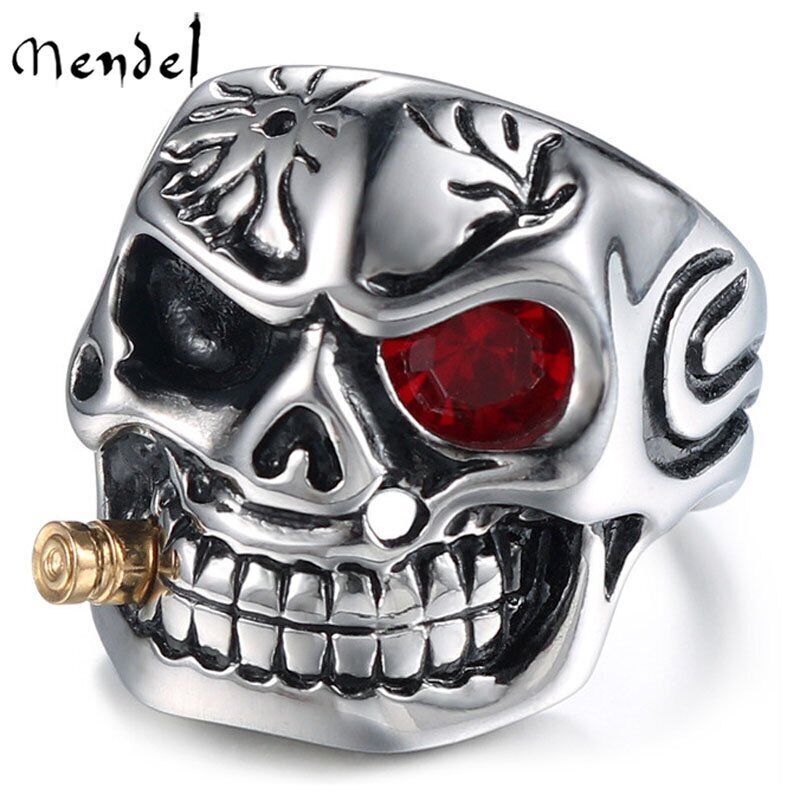 MENDEL Goth Mens Biker Punk CZ Smoking Skull Ring Men Stainless Steel Size 7-15