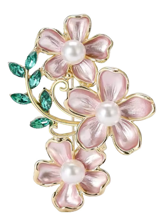 Pink Daisy Flower Brooch Gold Enamel Pearl Floral Pin Crystal Nature Gift Jewelr