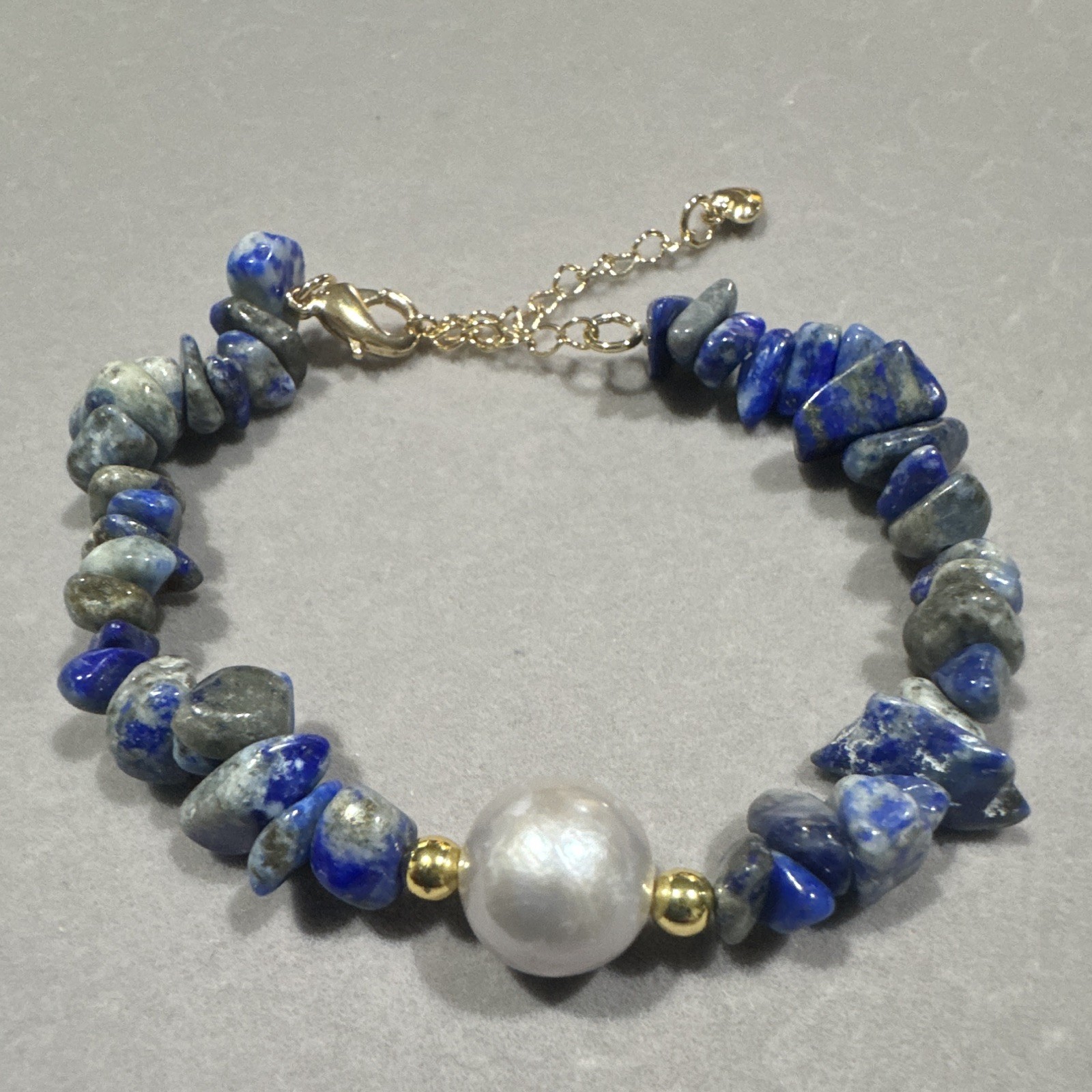 Lapis Lazuli Blue Chip Bead Bracelet Freshwater Pearl Adjustable Lobster Clasp