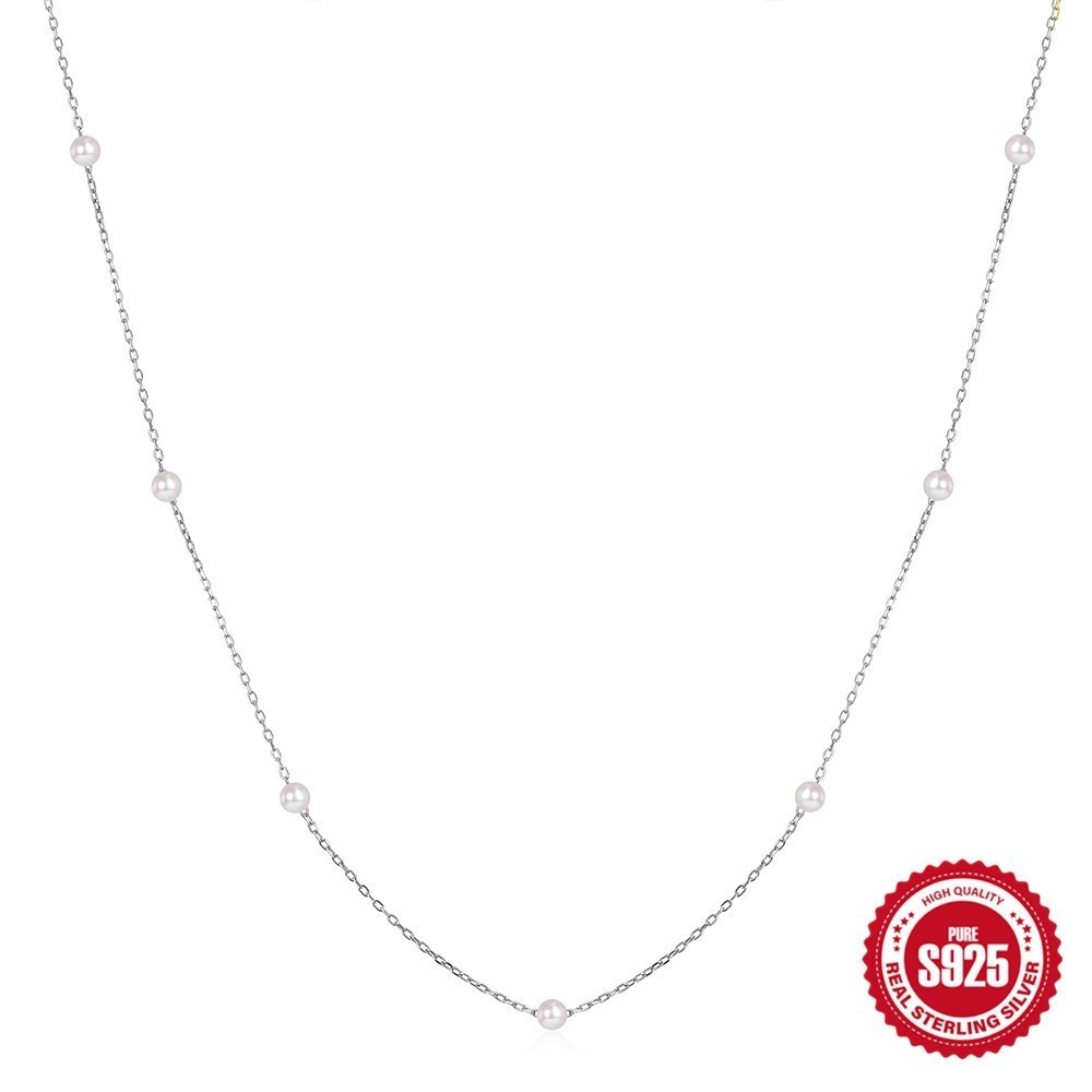 925 Sterling Silver Dainty Pearl Bead Station Chain Necklace for Women