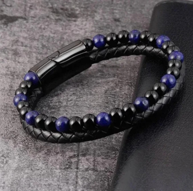 Natural Lapis Lazuli Obsidian 2 Strands Leather Reiki Strength Men Bracelet Gift