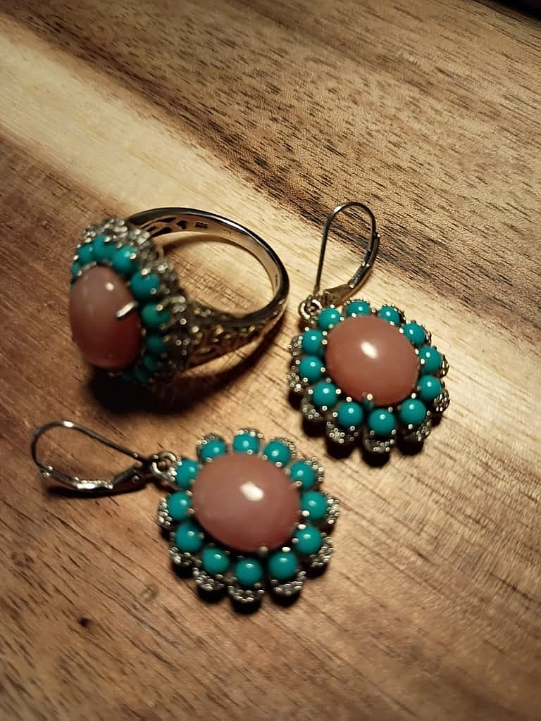 Pink Opal Turquoise Sterling Silver Ring & Earrings w/Gold Vermeil Set Size 9.75
