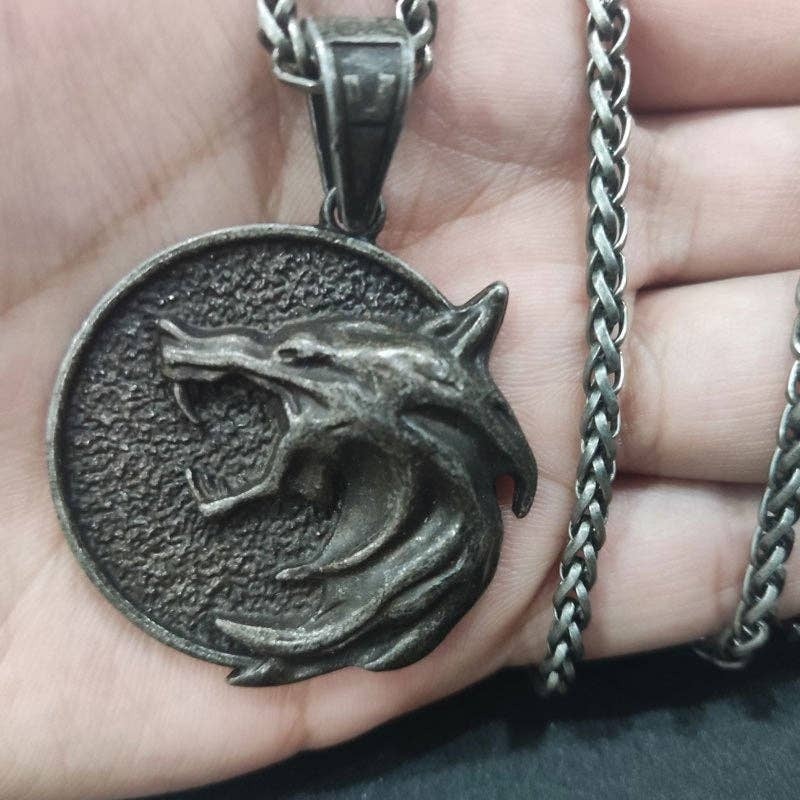 Viking Wolf Head Pendant Necklace in Aged Black