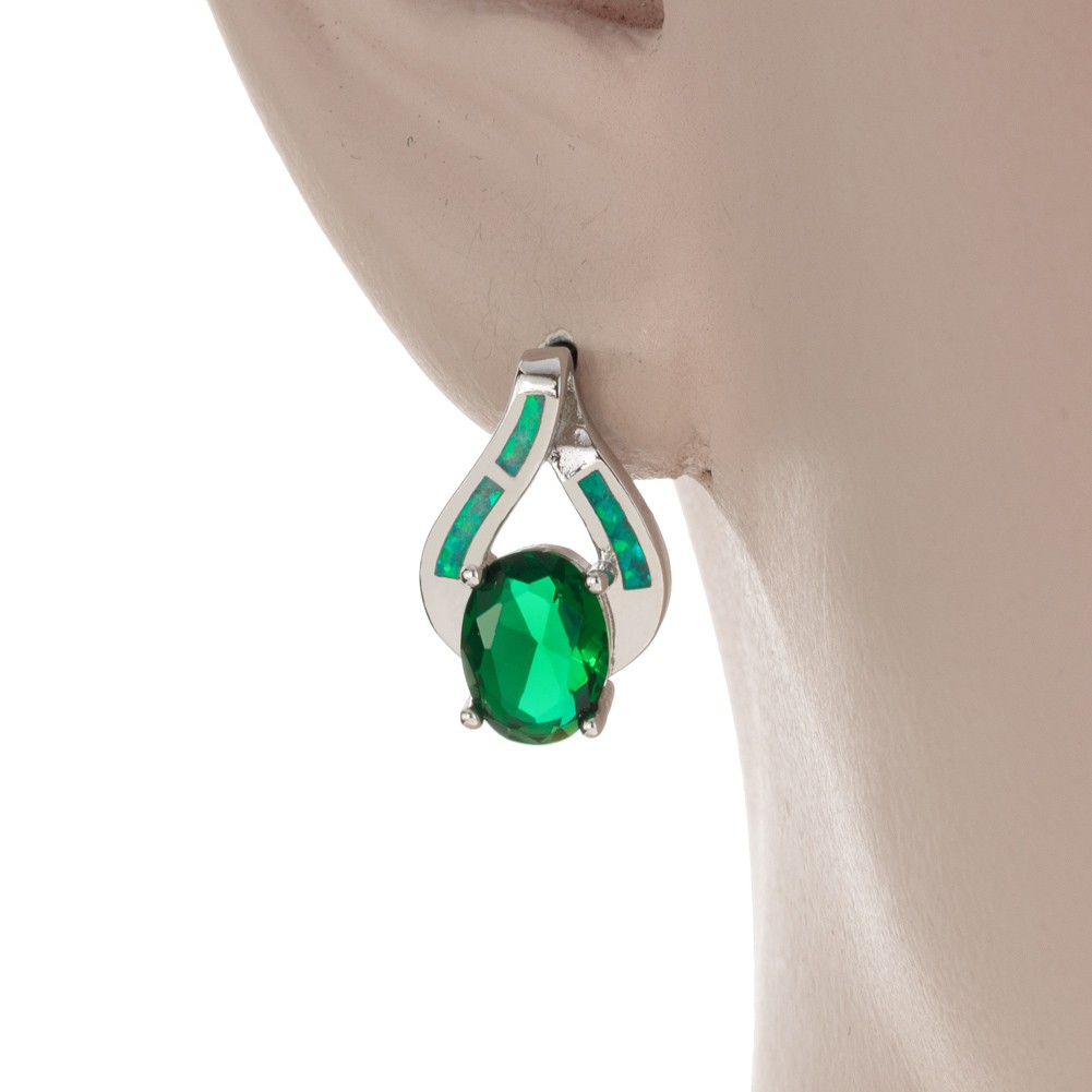 6×8 Simulated Emerald Kiwi Green Fire Opal Silver Filled Jewelry Stud Earrings