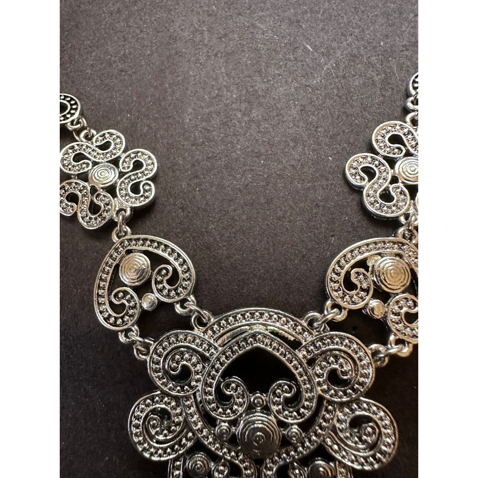 Antiqued Silvertone Filigree Necklace With Tassel Design Hearts S’s Scrolls