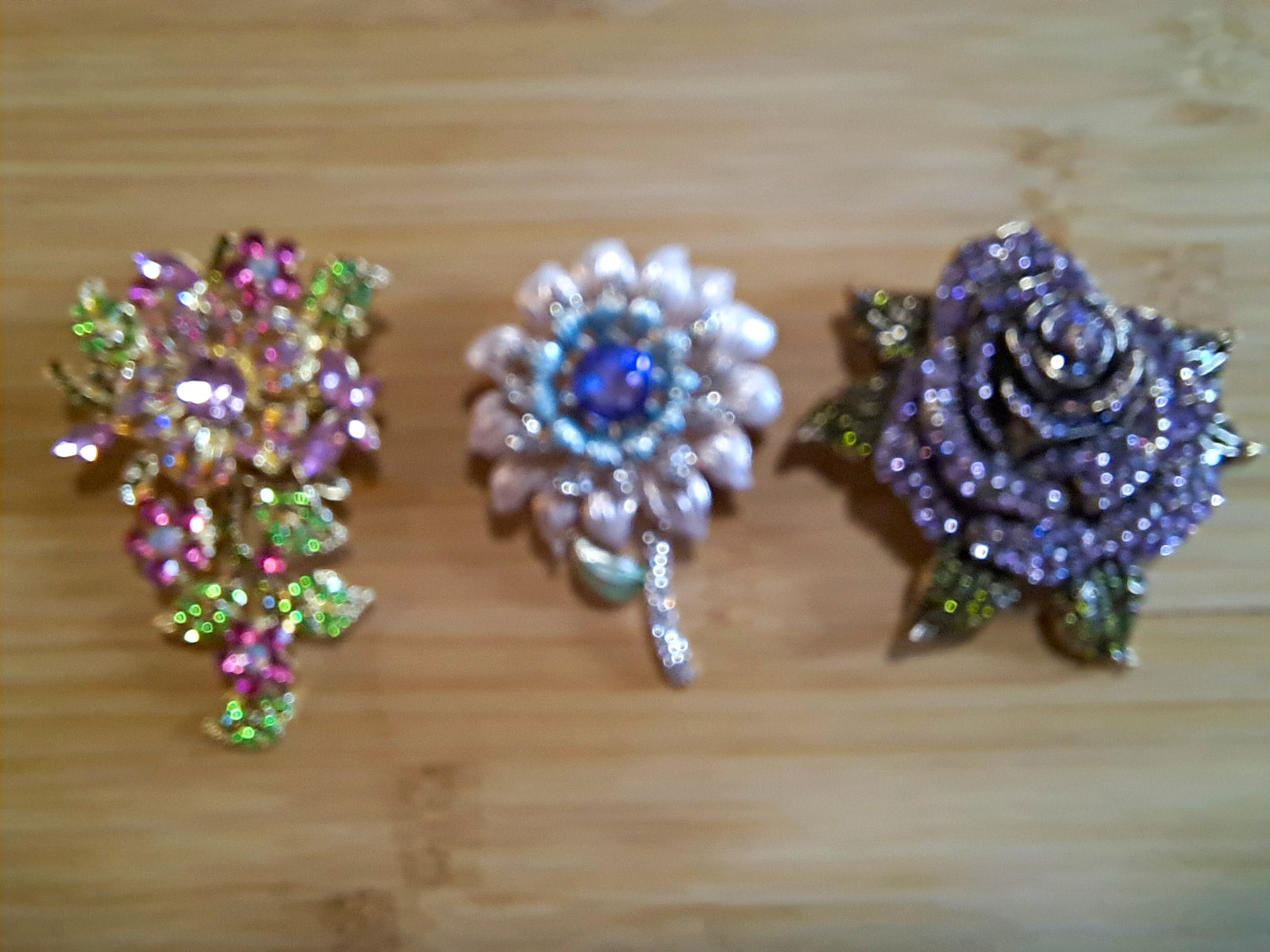 Lot of 3 Multicolor Rhinestone Enamel Flower Brooch Pins w/ Crystal, 3 in