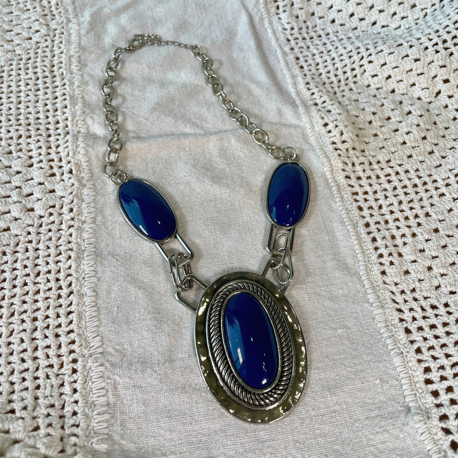 Boho Silver Tone Cobalt Blue Oval Statement Necklace Chunky Link Southwestern