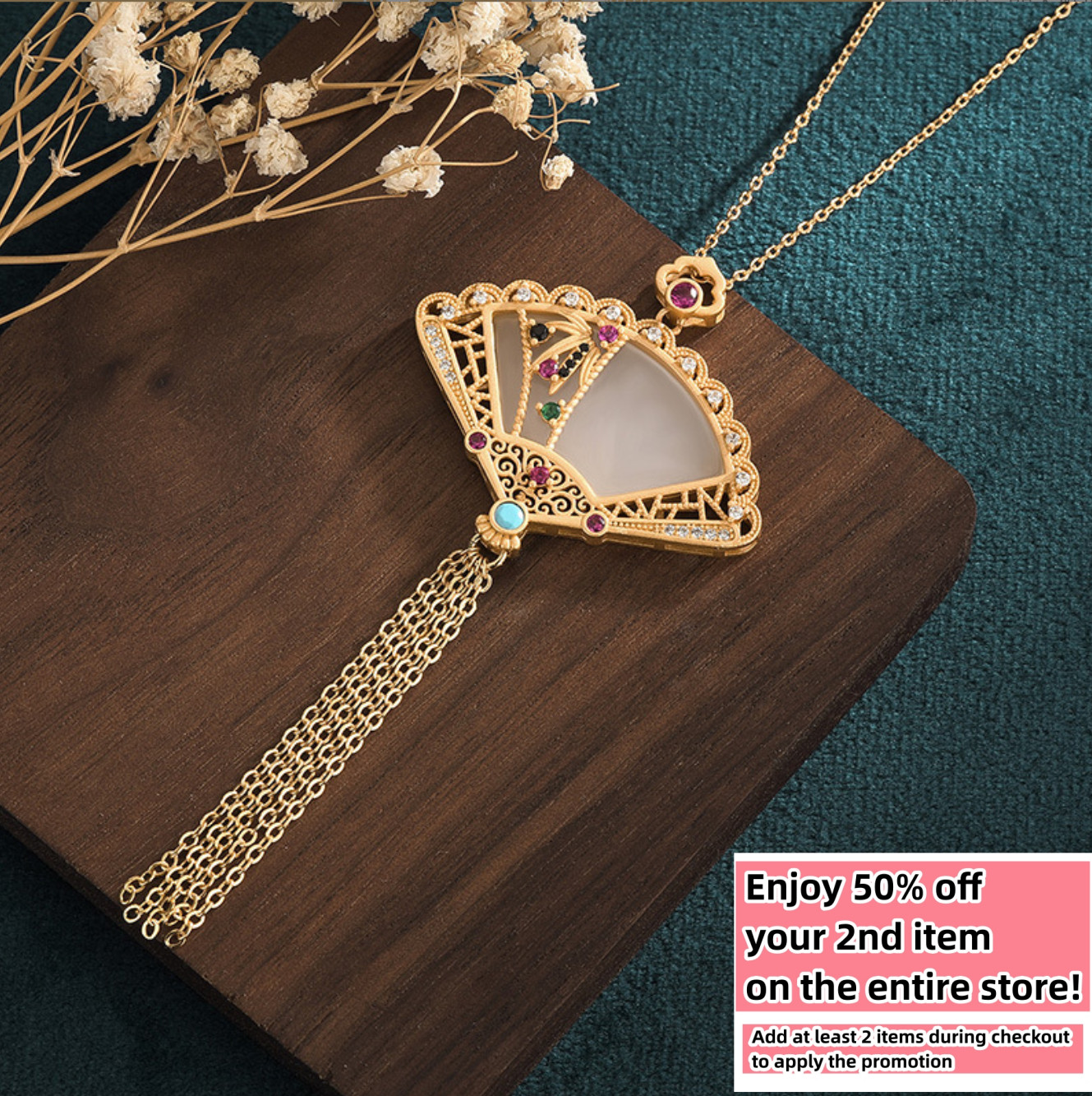 Jade Crystal Pendant Necklace Charm 18K Gold Plated Chain Cloisonne Fan Gemstone