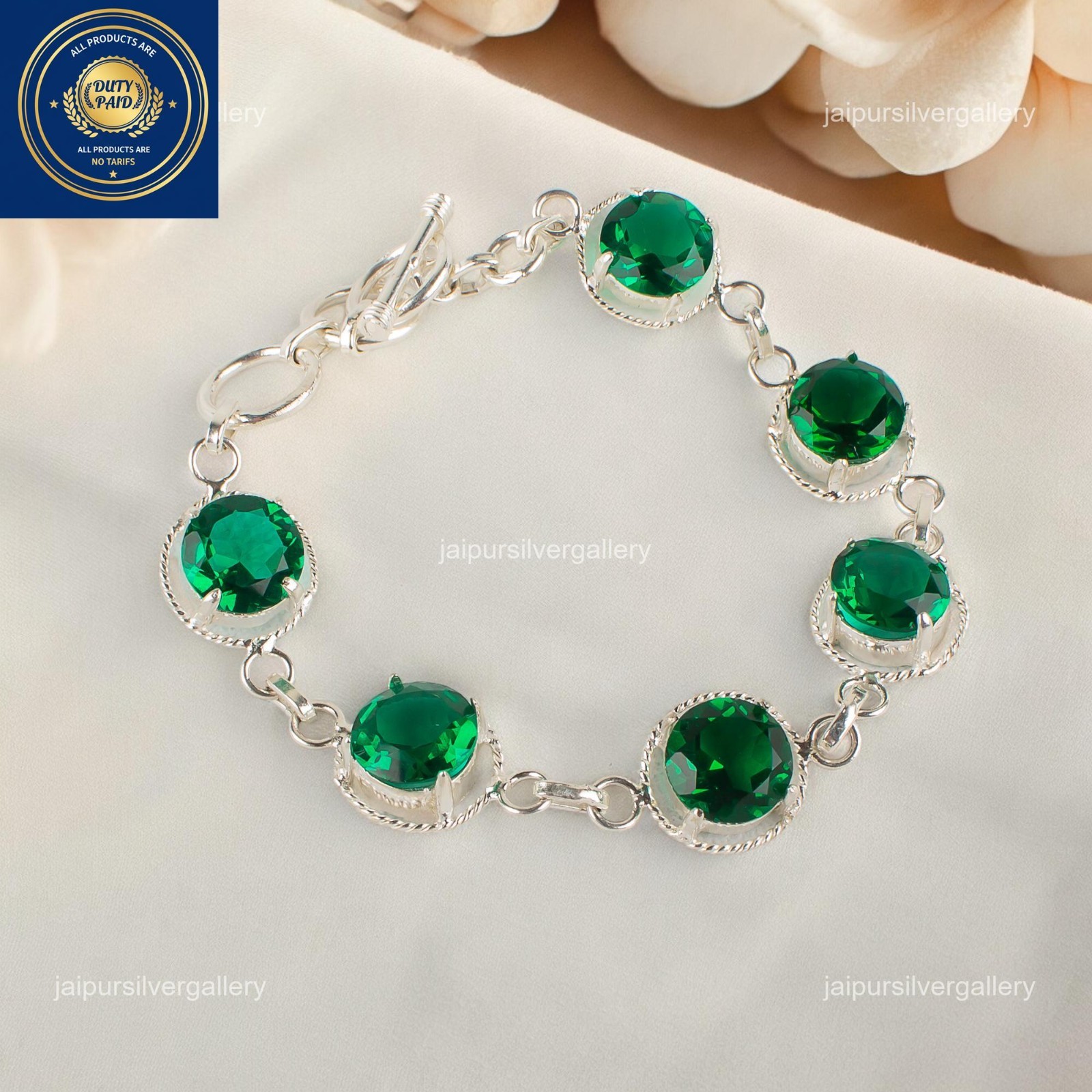 Emerald Gemstone Jewelry Sterling Silver Handmade Elegant Bracelet 7.8″For Women