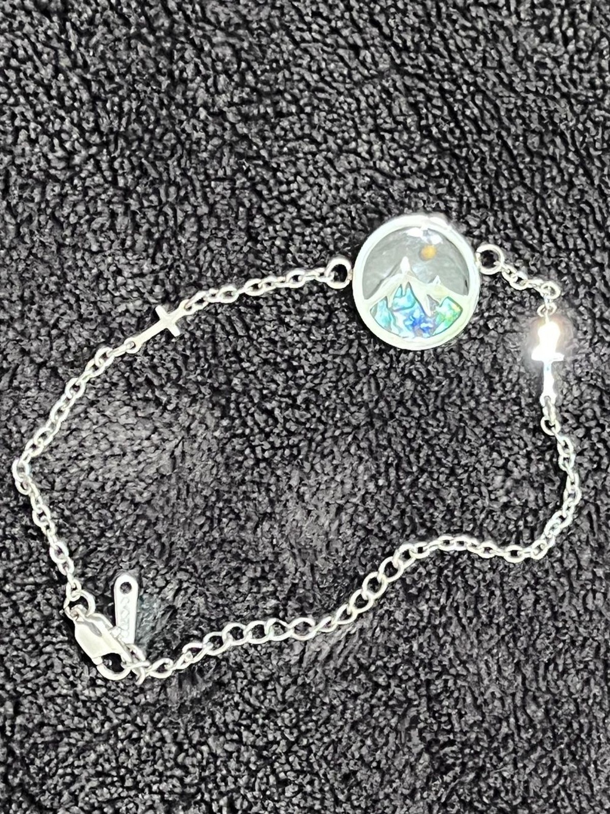 Stainless Steel Mountain Abalone Shell Mustard Seed Faith Bracelet Cross 9″
