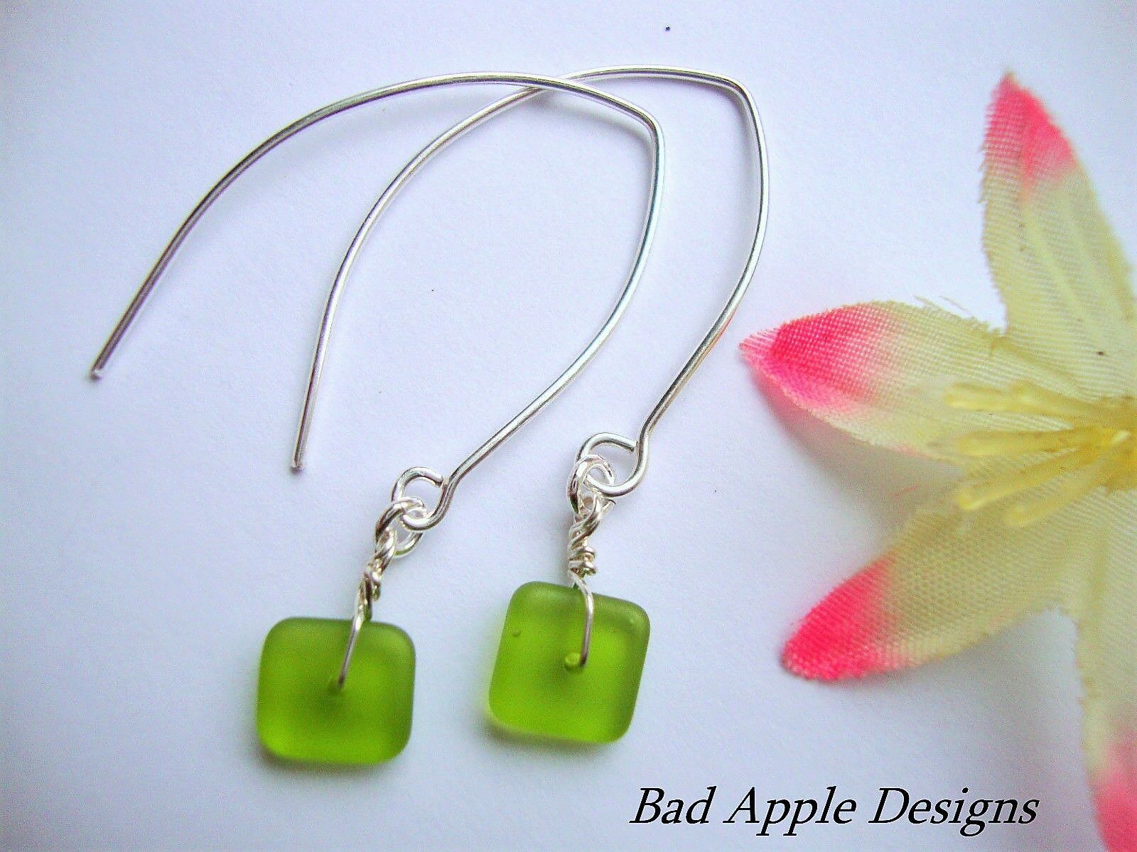 Flat, Forward-Facing, Dainty Frosted Sea Glass Silver Marquise Style Earrings