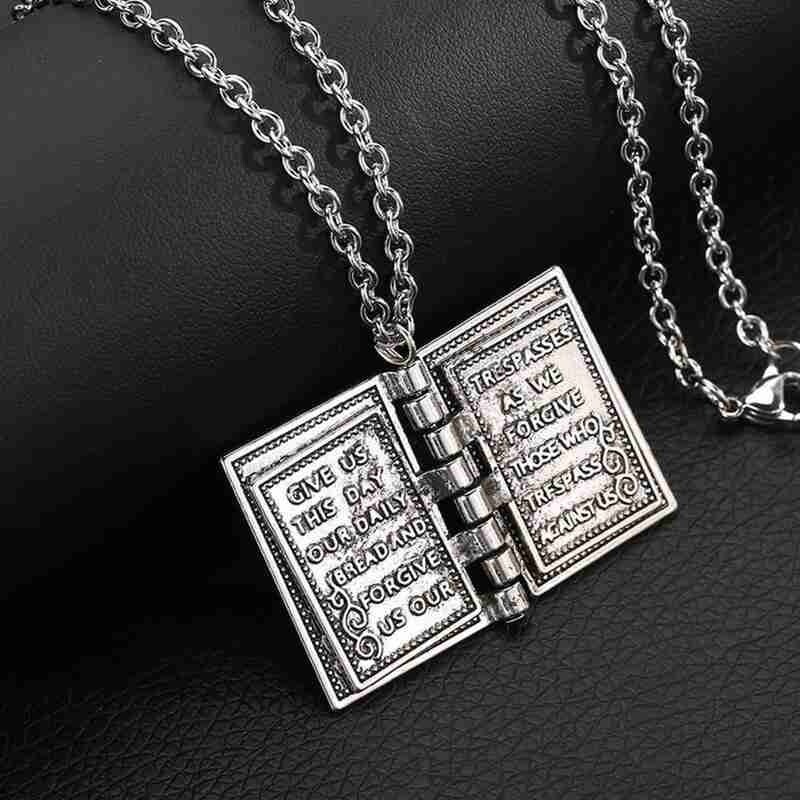 Holy Bible Book Silver Locket Necklace – Religious Prayer Christian Scripture
