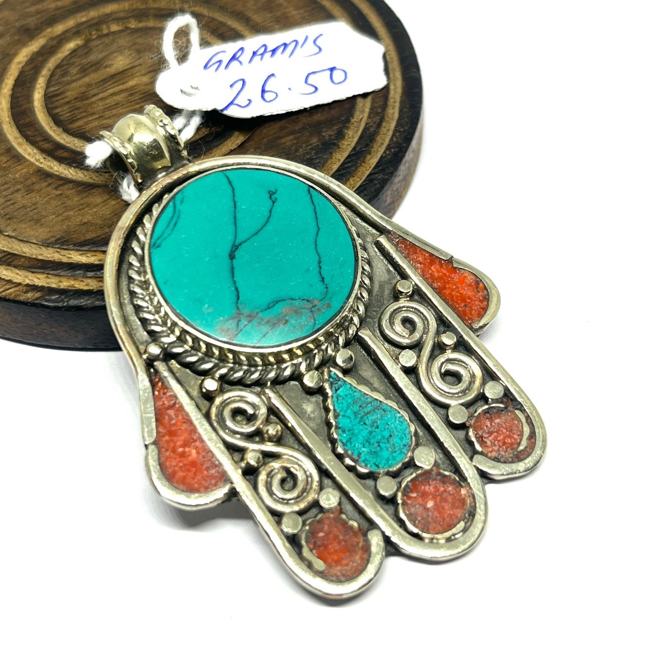 Vintage Turquoise Coral Gemstone Tibetan Buddhist Pendant Jewelry, 2.5 inch