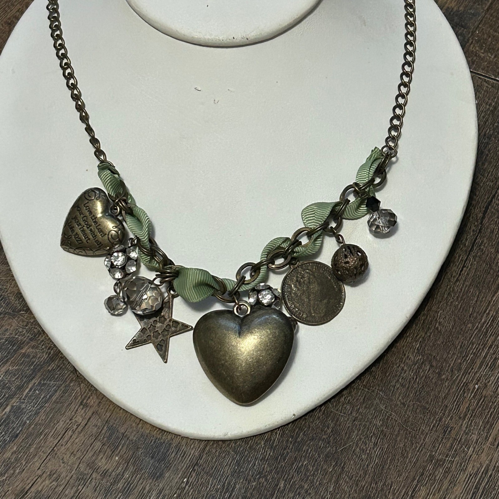 Antique Bronze Luke 10:27 Heart Charm Necklace Green Ribbon Crystal 24 Inch