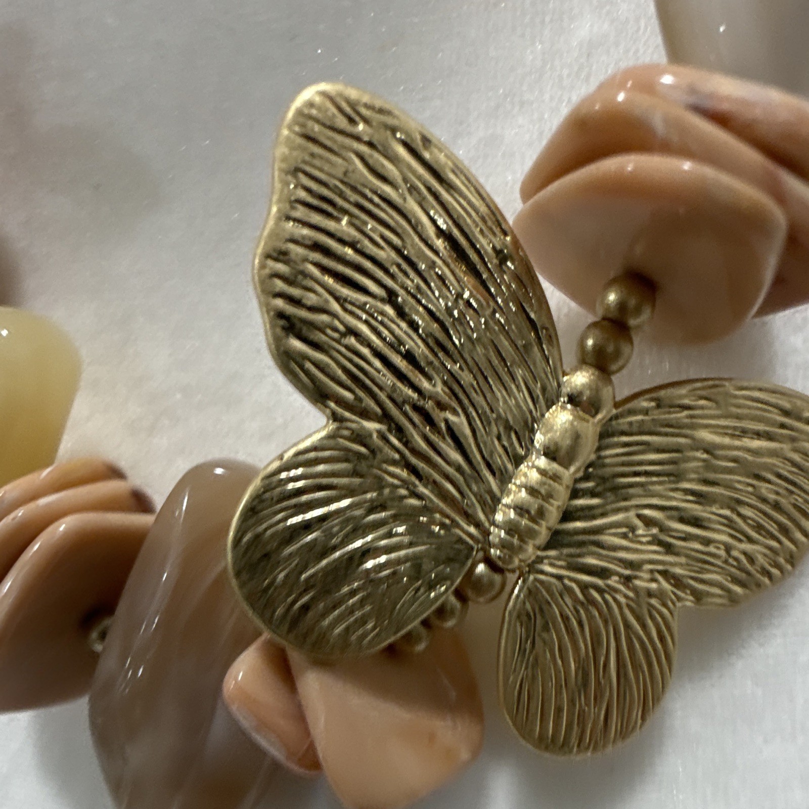 Beaded Statement Necklace Butterfly Charm Pendant Pink Brown Gold Adjustable