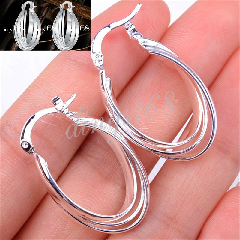 Genuine 925 Sterling Silver 3-Layered “U”-shaped Medium-Size Hoop Earrings H907