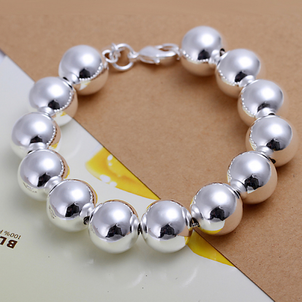 Unisex 925 Sterling Silver Bracelet Beads Balls Size 8 Inches 14MM Lobster L36