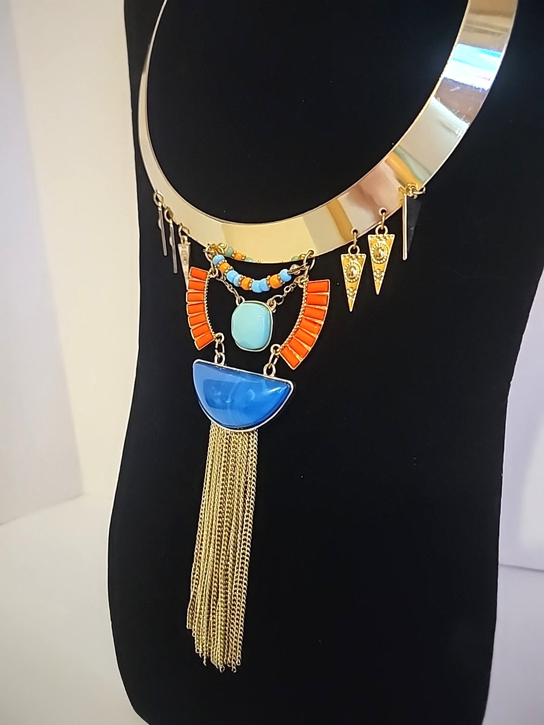 Blue and Orange Necklace Boho Tribal Gold Tone Rigid Base Fringe Tassle