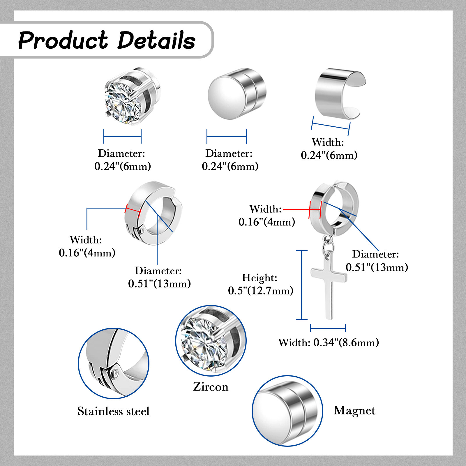 10 Pair Men Women Stainless Steel Magnetic Stud Earrings Non Piercing Clip on US