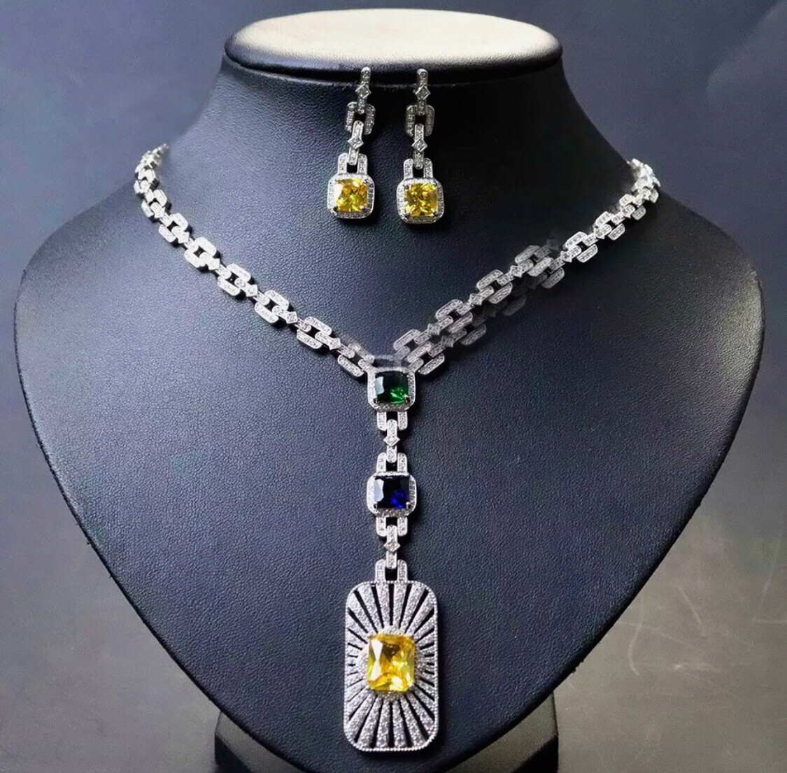 18K Platinum Plated Multicolor Gemstone Necklace Earrings Set Women Jewelry Gift