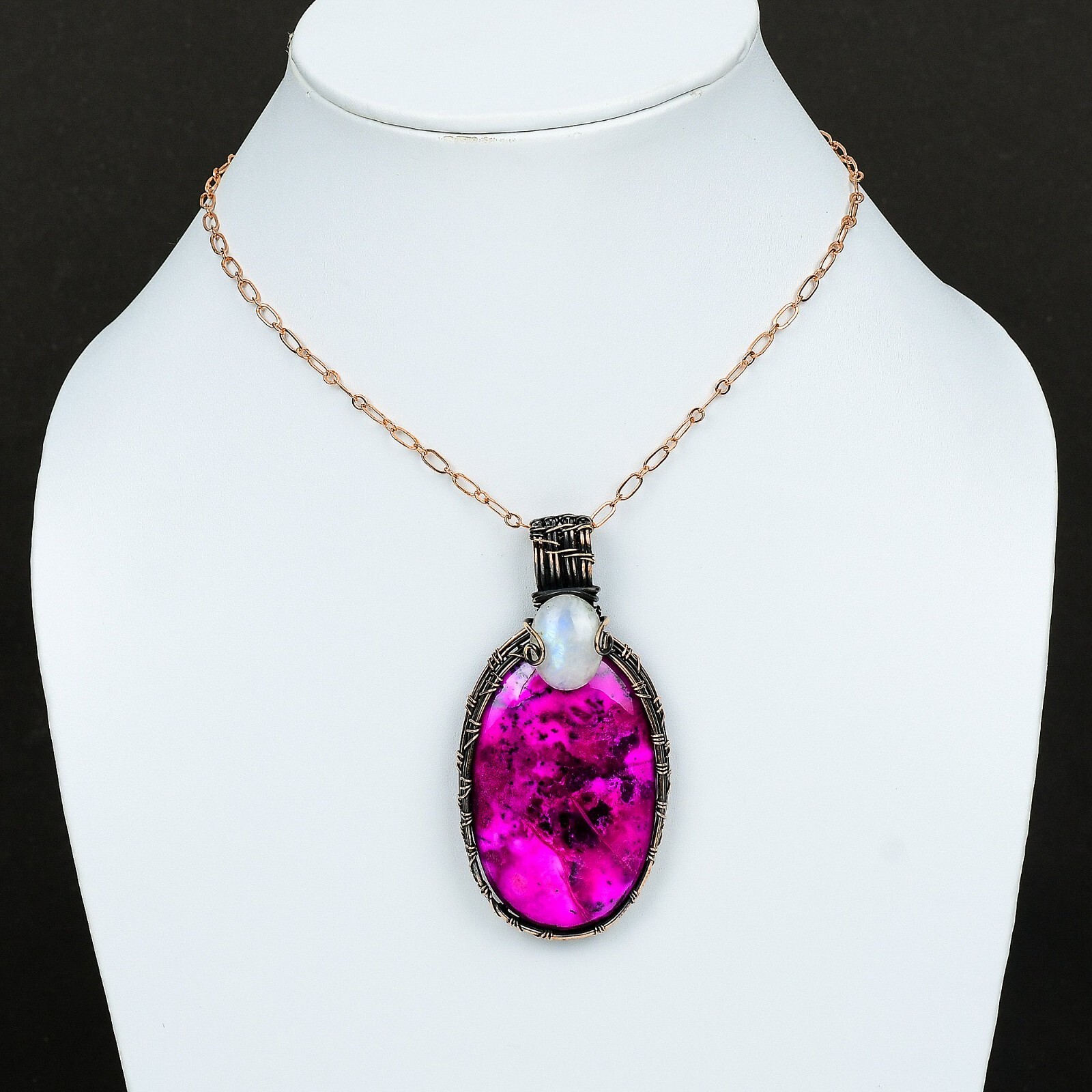 Pink Dendrite Opal Wire Wrapped Pendant Handcrafted Copper Ethnic Jewelry 3.15″
