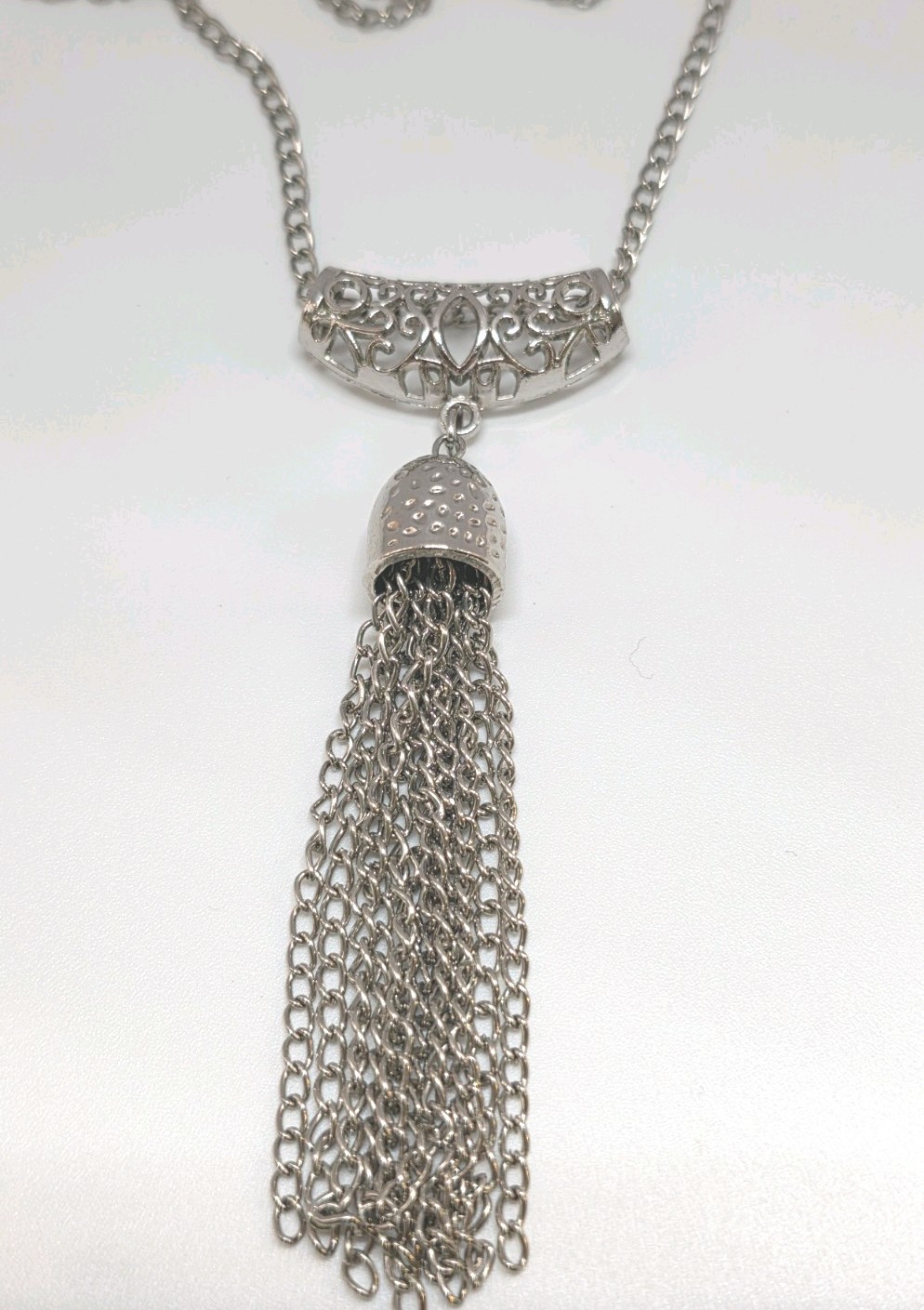 27-inch Silver Tone Estate Chain With Open Work Bar And Chain Tassel