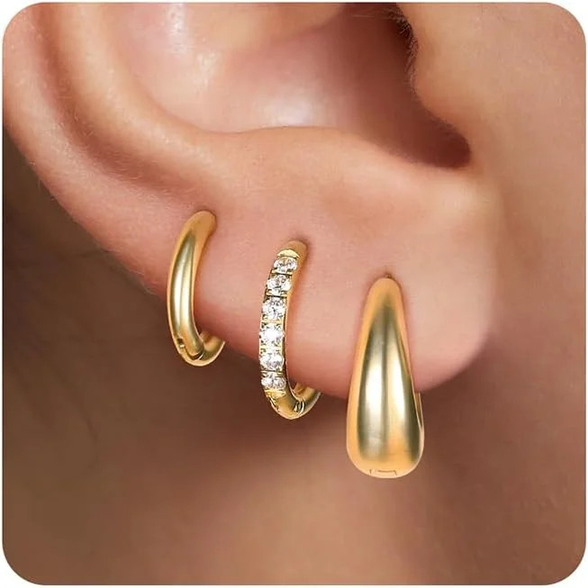 Surgical Steel Huggie Hoop Earrings for Women Set,14K Gold Plated Small Hypoalle