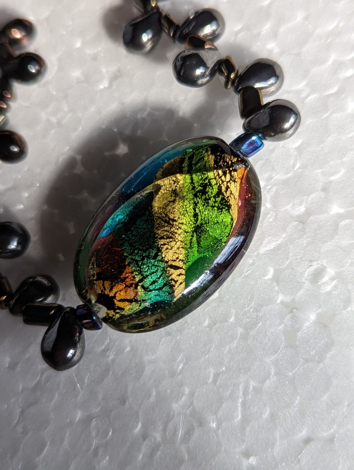 Designer Necklace Hematite Beaded with Dichroic Glass Pendant 32g & 16″ Long