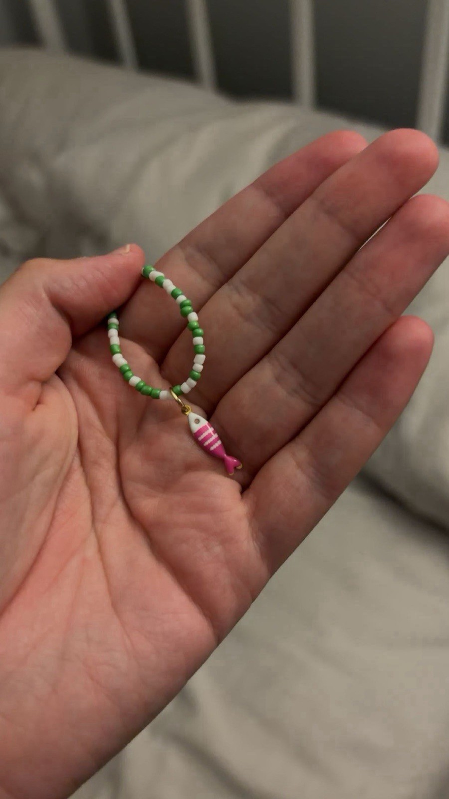 Green & White Handmade Beaded Necklace Chain Pink Fish Charm