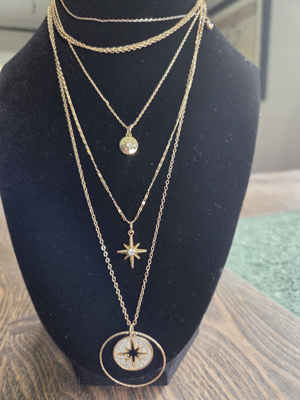 Gold Tone Layered Cable Chain Necklace Celestial Star Charm, Lobster, Adjustable