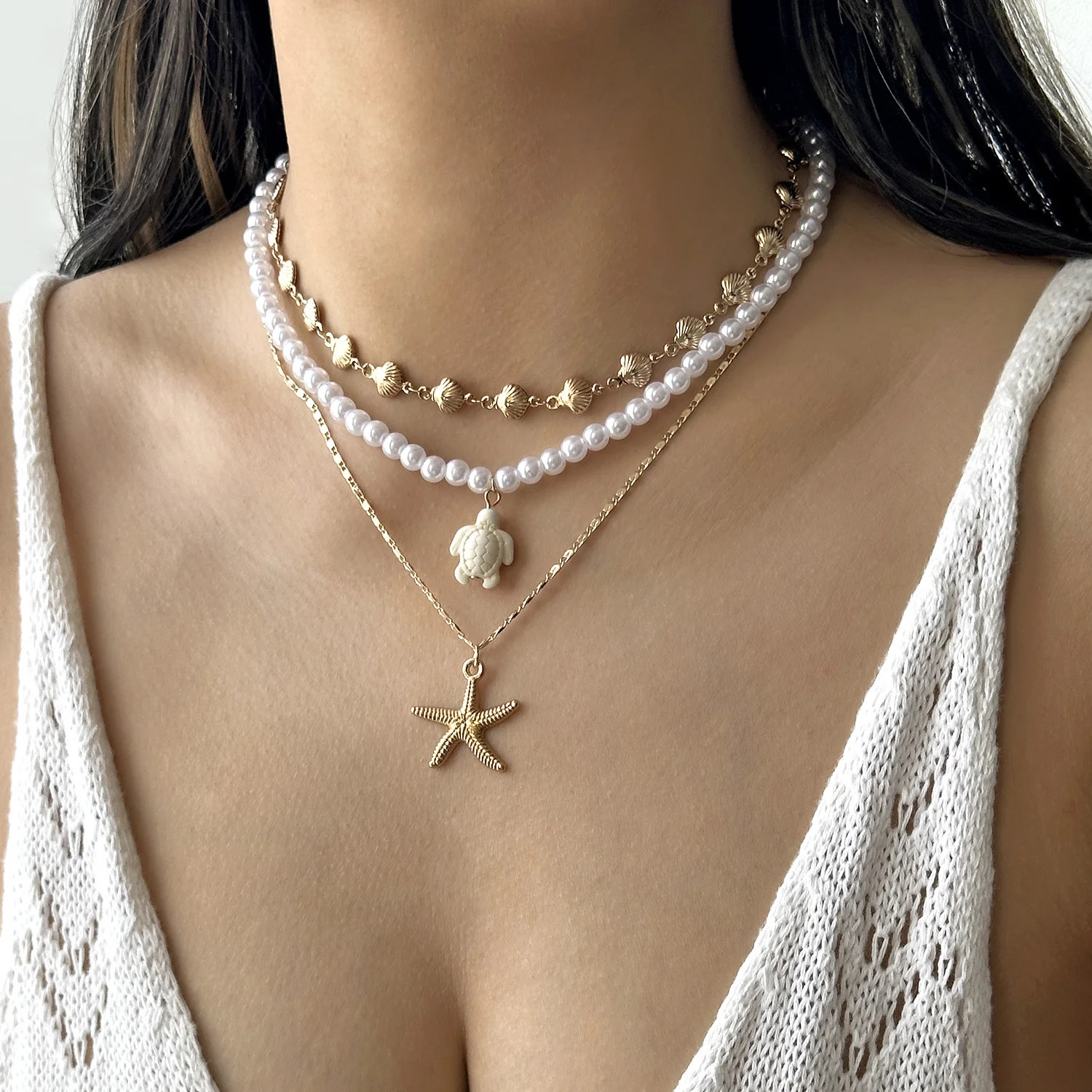 3Pcs/Set Pearl Starfish Sea Turtle Shell Necklace Bohemian Summer Beach Multi-la