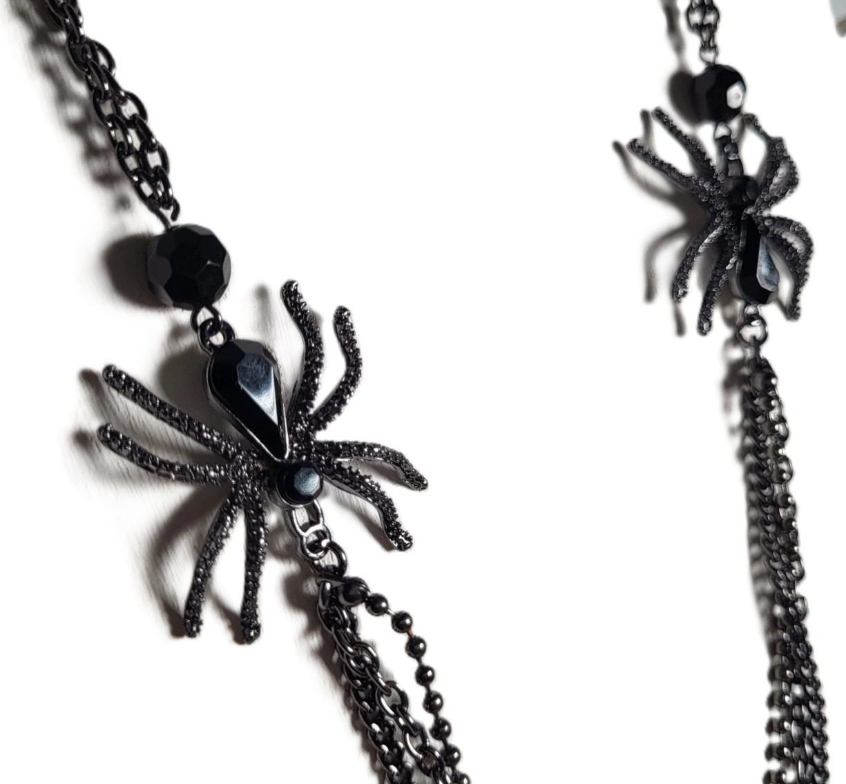 Goth Spider Statement Necklace Halloween Black Rhinestones 18″ Chain Chocker New