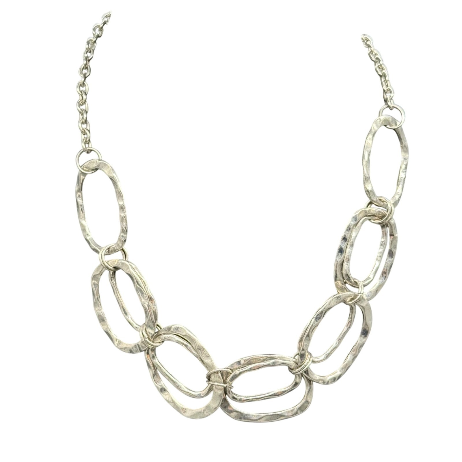Hammered Oval Chain Necklace Silver Tone Classic Casual Formal Everyday