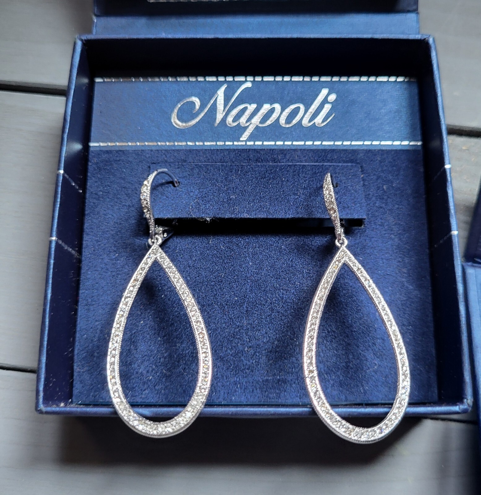 New In Box Napoli Sparkling Teardrop Drop Dangle Earrings 2 1/8 Inches Long