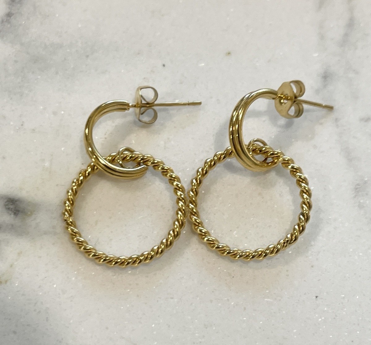 Gold Tone Double Hoop Twist Rope Earrings Modern Minimalist Statement Jewelry