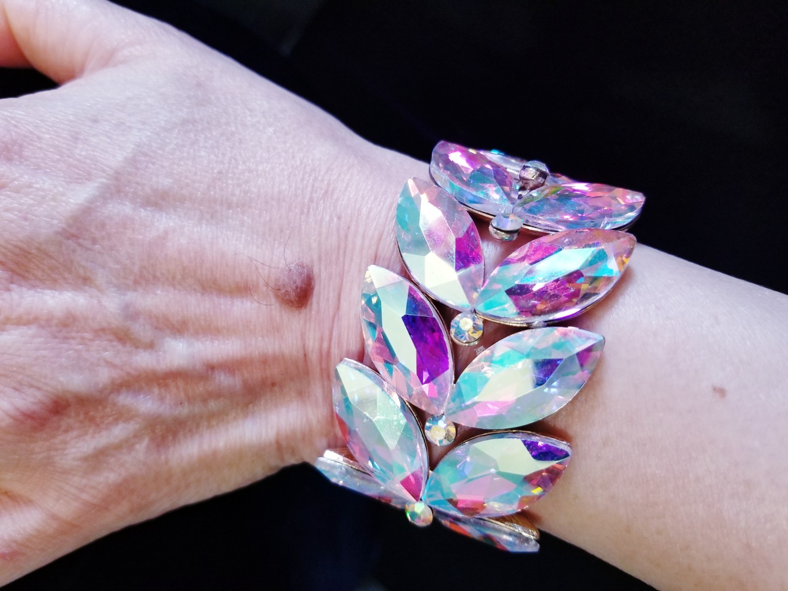 Iridescent Gold Rhinestone Stretch Bracelet Statement Drag Pageant Prom Bridal