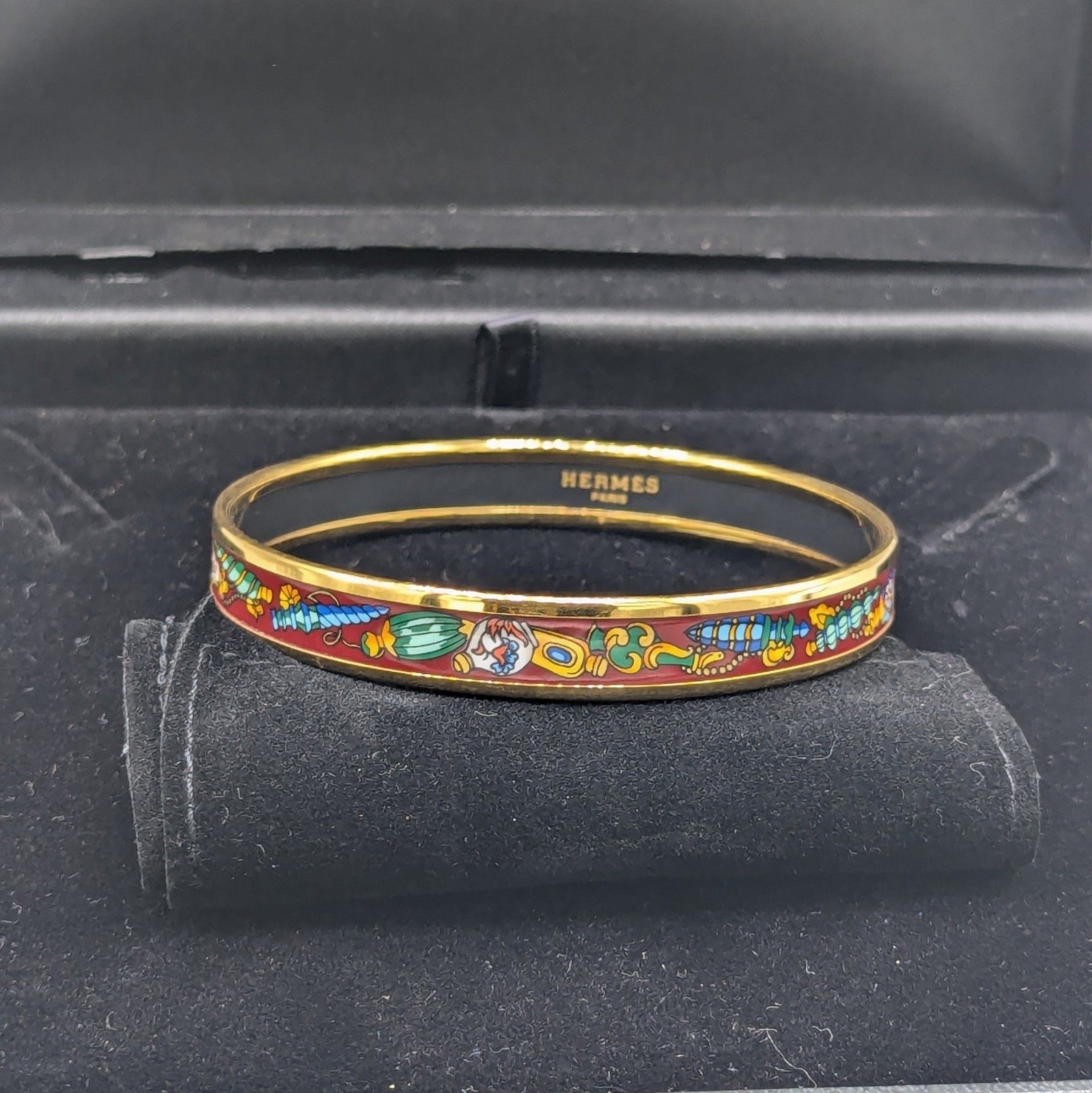 Authentic Hermès Narrow Printed Enamel Bangle Bracelet Gold Plated