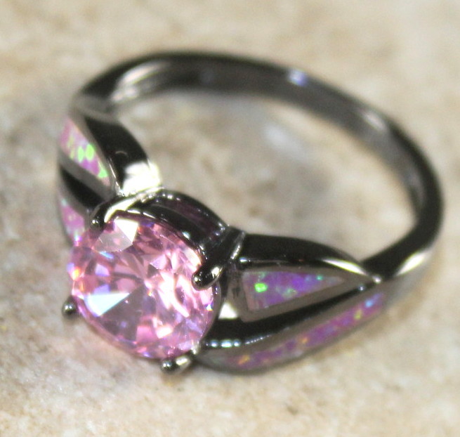 Black SILVER Elegant Pink Fire Opal & Pink Kunzite Ring Size 8, WR40105