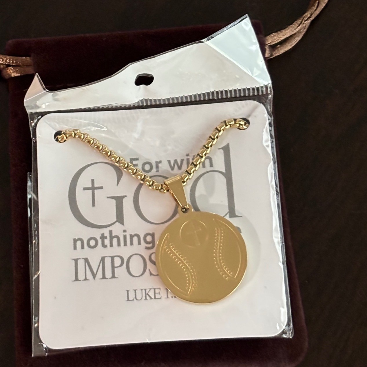 Easyski Golden Baseball Cross Necklace Luke 1:37 Scripture Gold Tone Box Chain
