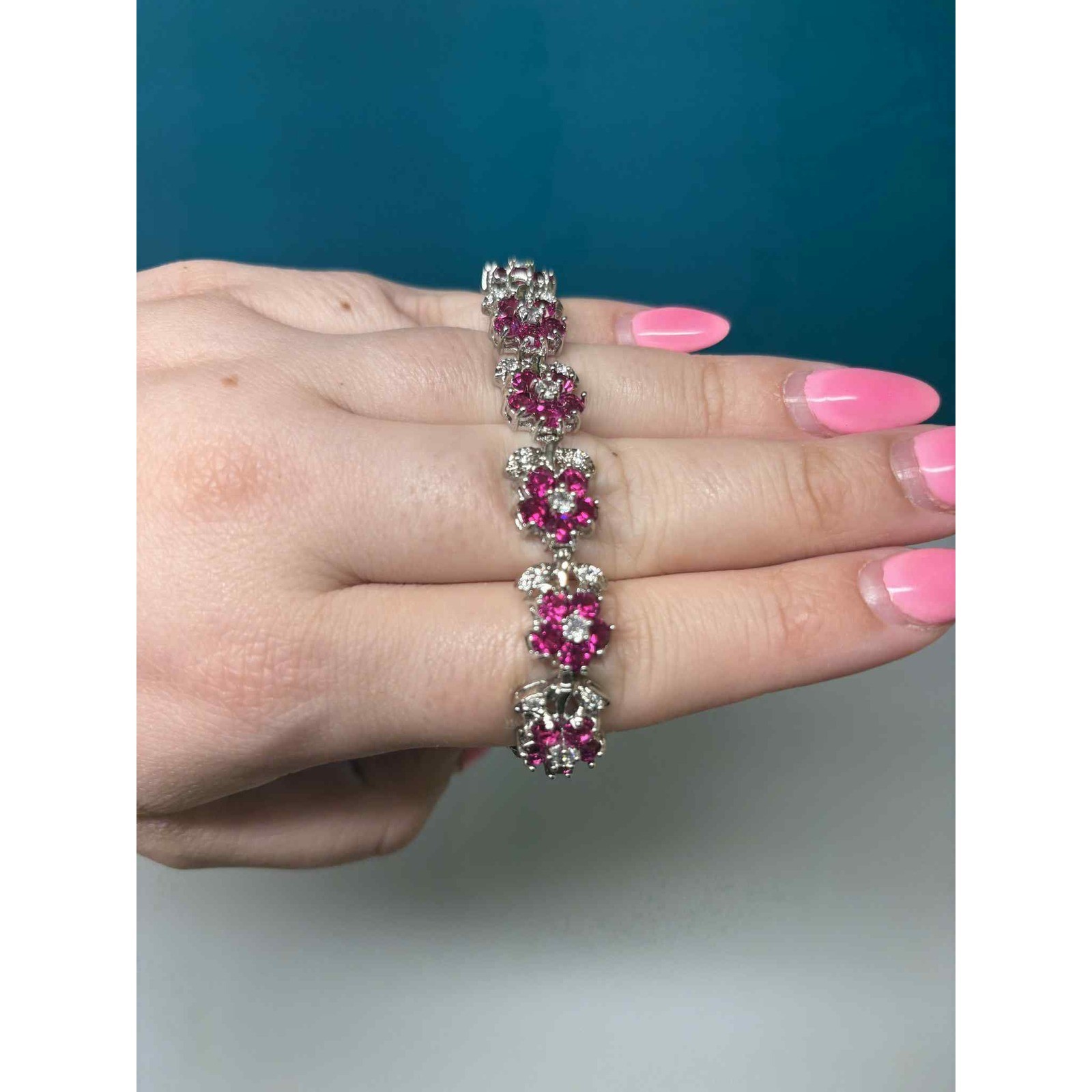 Silver Tone Pink Rhinestone Floral Link Bracelet Fold Over Clasp 6.5 Inch