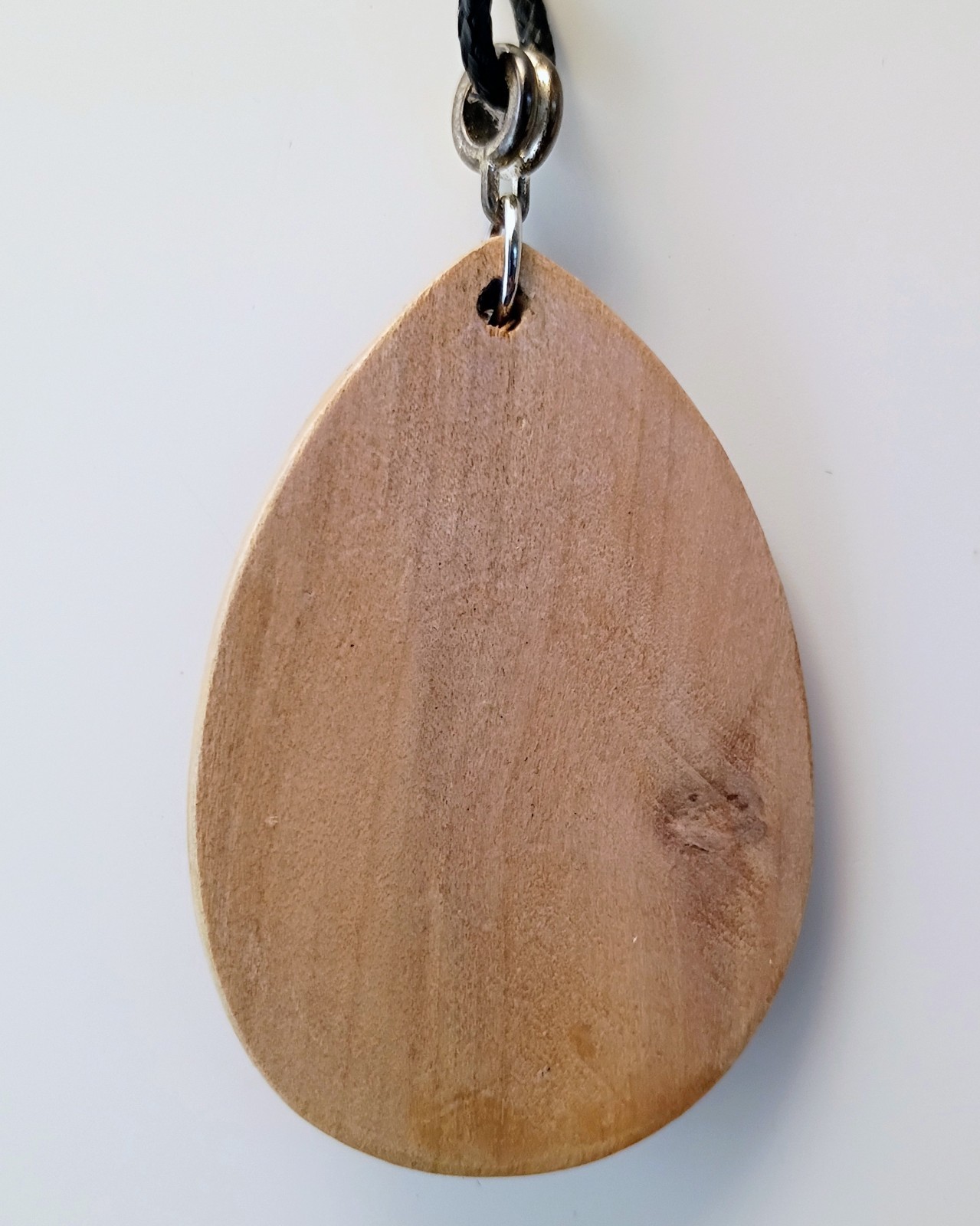 Hand Painted Necklace On Wood w/ Silver Toned Fitting & Black Cord Lightweight