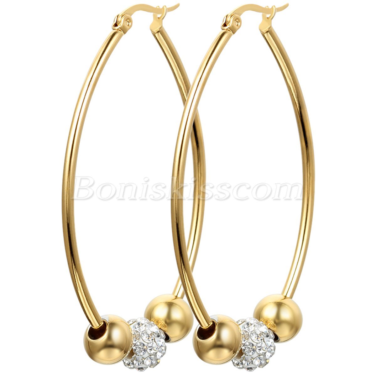 Stainless Steel 33mm Big Hoop Circle Rhinestone Charms Womens Gold Tone Earrings