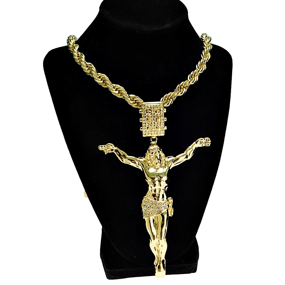 14K Gold Plated Huge Jesus Body Iced Flooded Out CZ 4.5″ Pendant Chain 30″ Rope