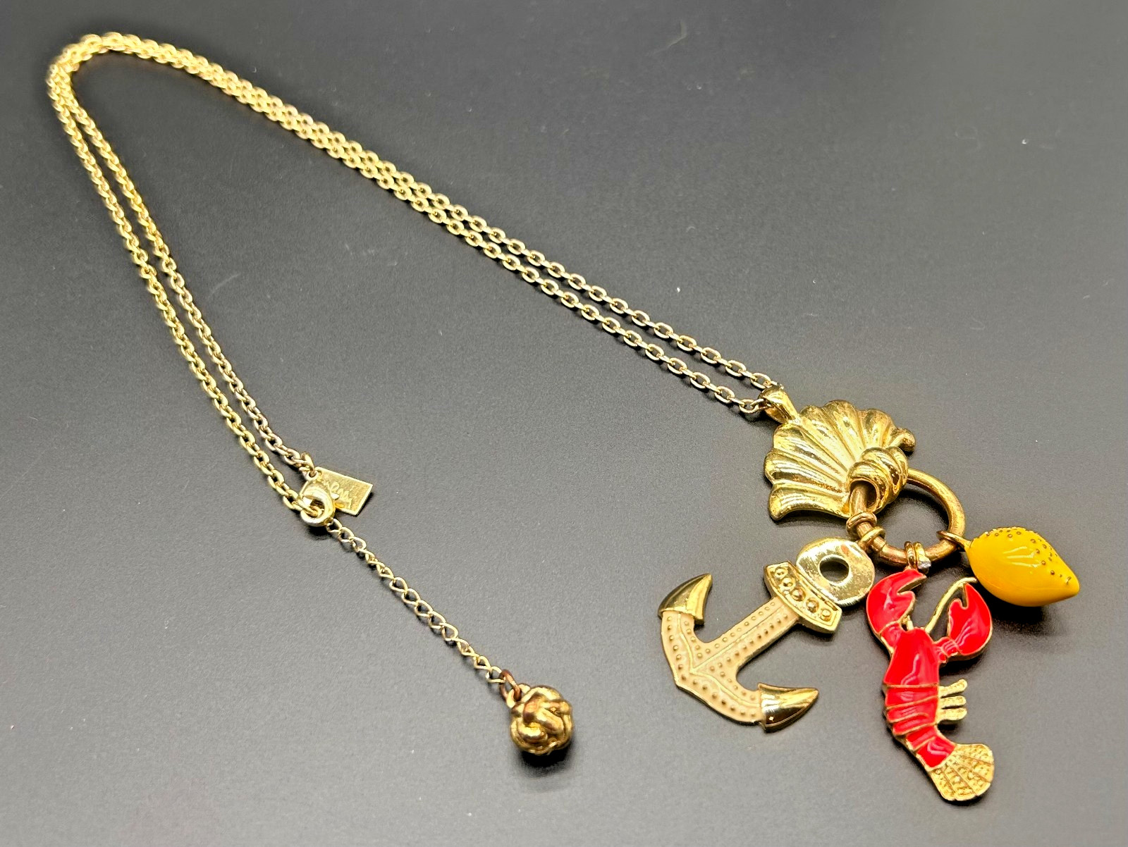 Lilly Pulitzer Nautical Charm Long Necklace Gold Tone Shell Lobster Anchor Lemon