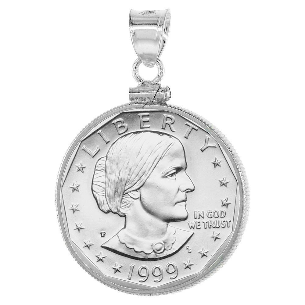 26 mm Sterling Silver Screw Top Edge 1 Dollar Coin Bezel Pendant, Box Chain