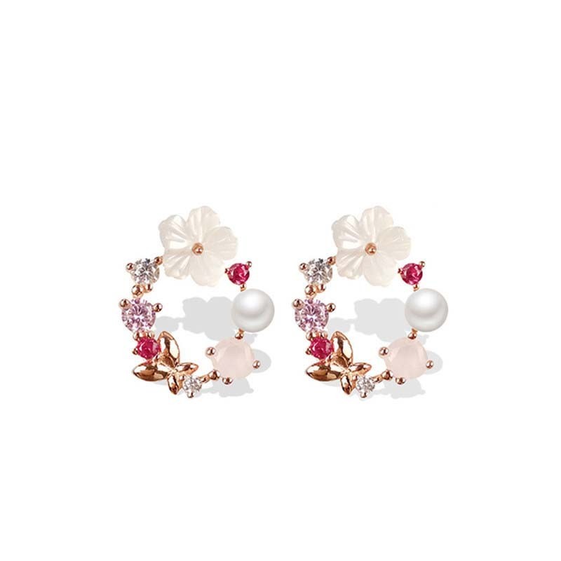 Y2k Pink Crystal Circle Flower Pearl Dainty Minimalist Women Stud Earrings