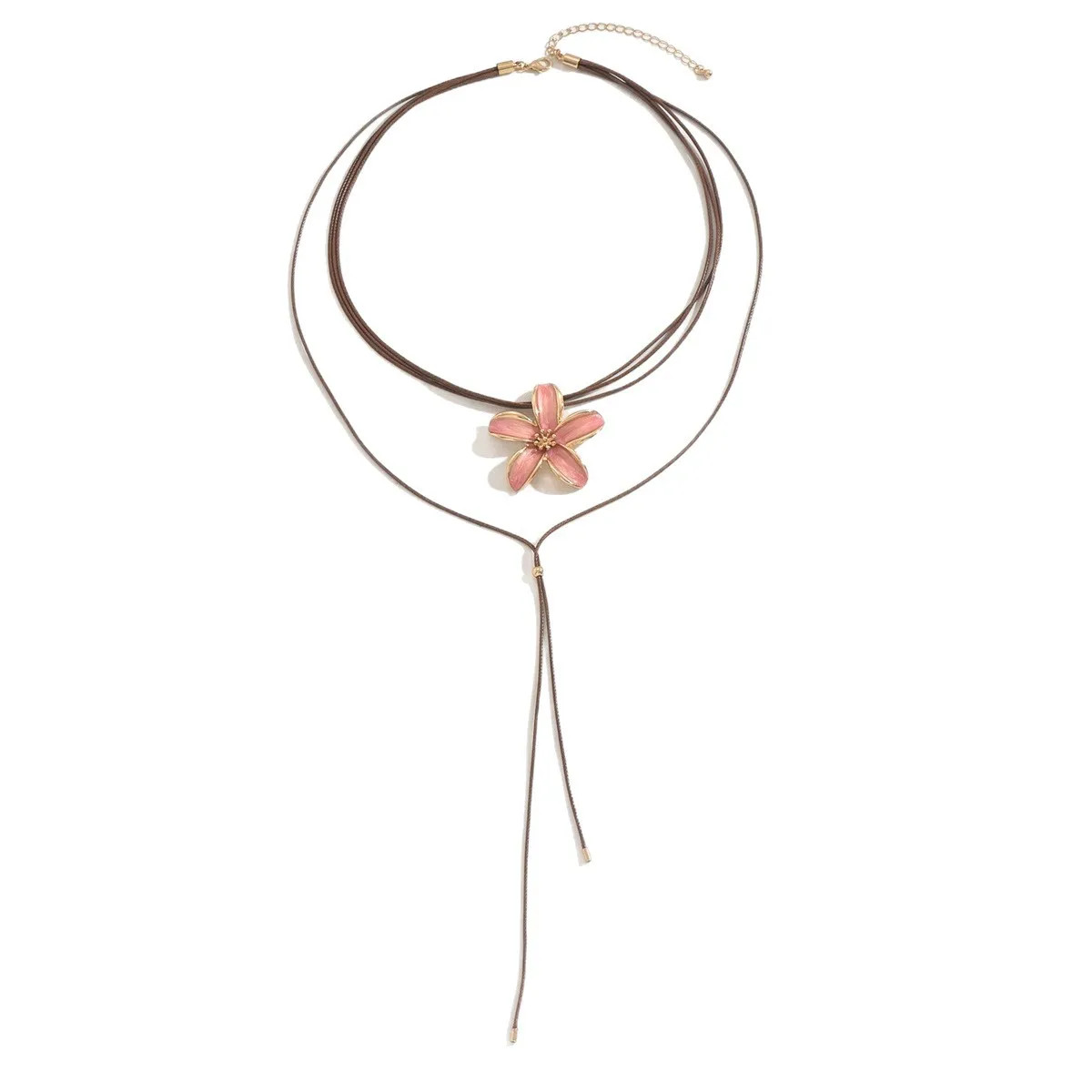 Bohemian Red Flower Necklace Multi-layer Leather Cord Adjustable Long Neck Jewel